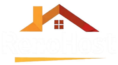 Logo of a home design or renovation company with a house roof and chimney.