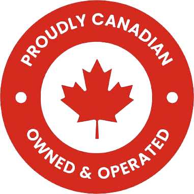 Red circular badge with a maple leaf and text about Canadian ownership.