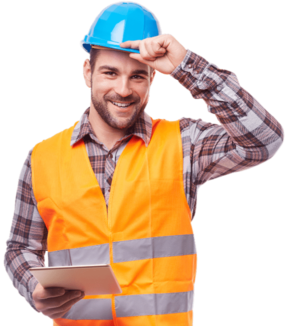 Smiling construction worker with blue hard hat.