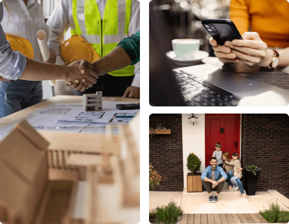 Two construction workers shaking hands at a project site.